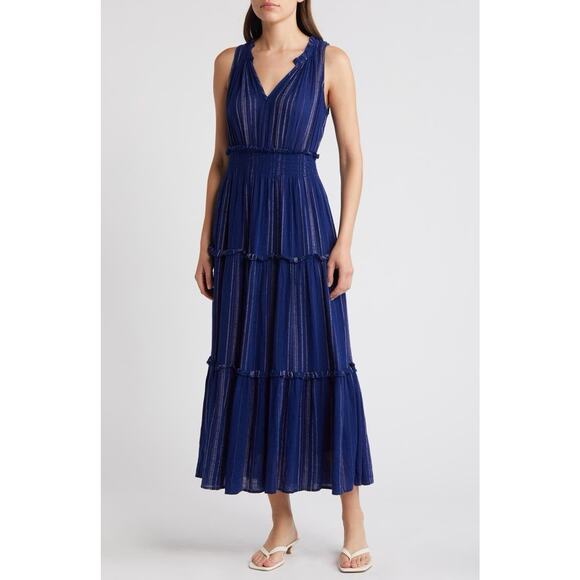 Rails Loulou Blue Noja Stripe Sleeveless Linen Blend Tiered Maxi Dress Sz Medium - Picture 1 of 12
